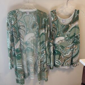 Chico’s Paisley Print Cardigan & Tank Set in Sage Green